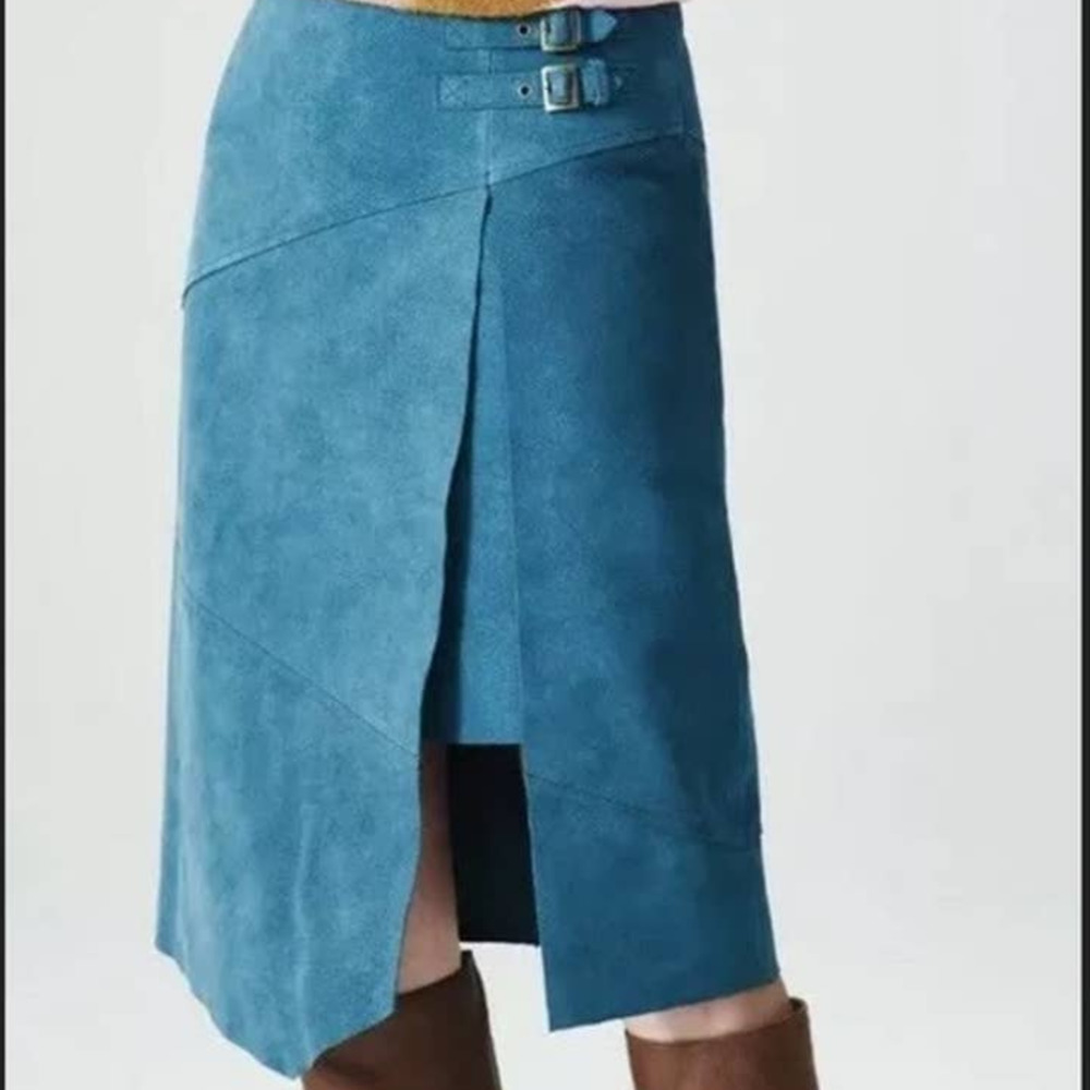 Anthropologie Teal Blue Suede Midi Skirt with Front Slit